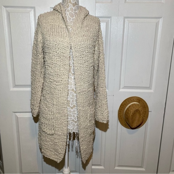 Flex Moda Natural Beige Oversized Popcorn Knit Hooded Cardigan Pockets Open M/L - Picture 3 of 16